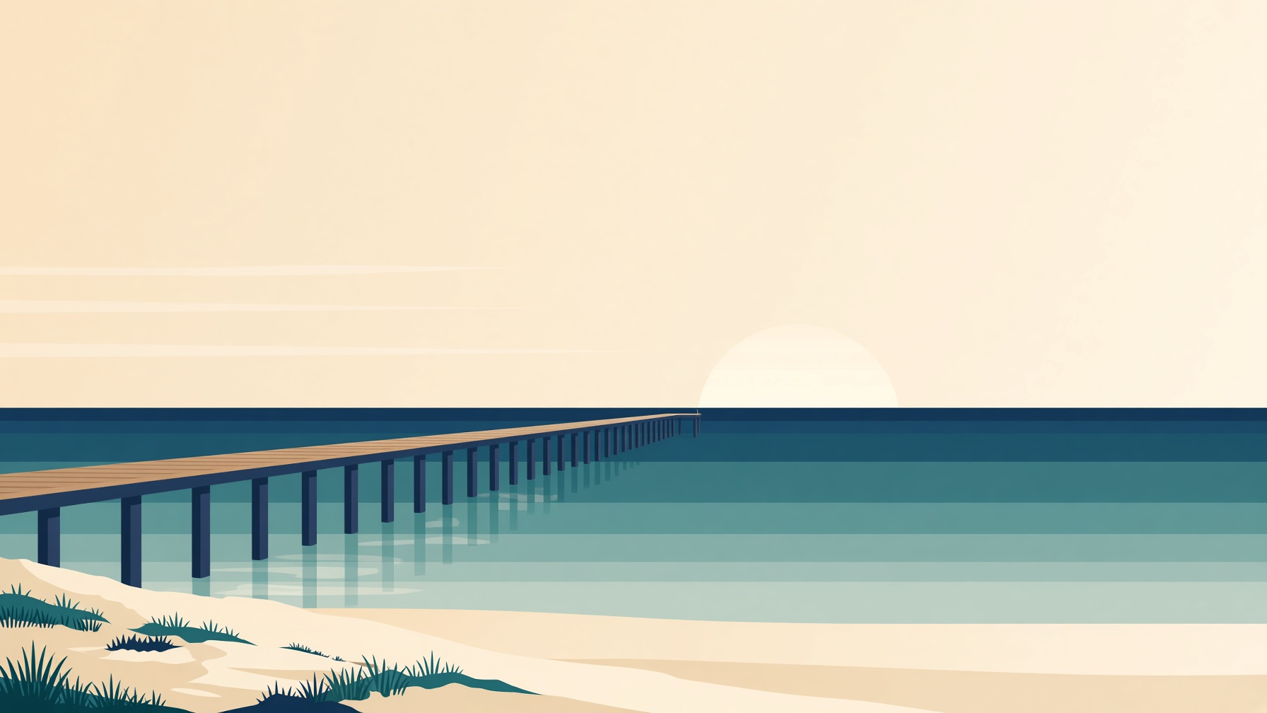 A long wooden jetty stretching into still water, with low dunes and a pale sun — country South Australia.
